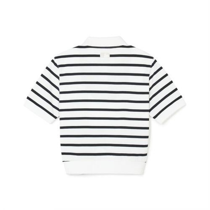 MLB Women`s Varsity Stripe Crop Polo T Shirts White / Black | USA_MLB13473