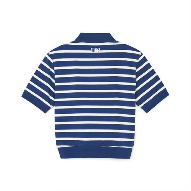 MLB Women`s Varsity Stripe Crop Polo T Shirts Blue | USA_MLB50109